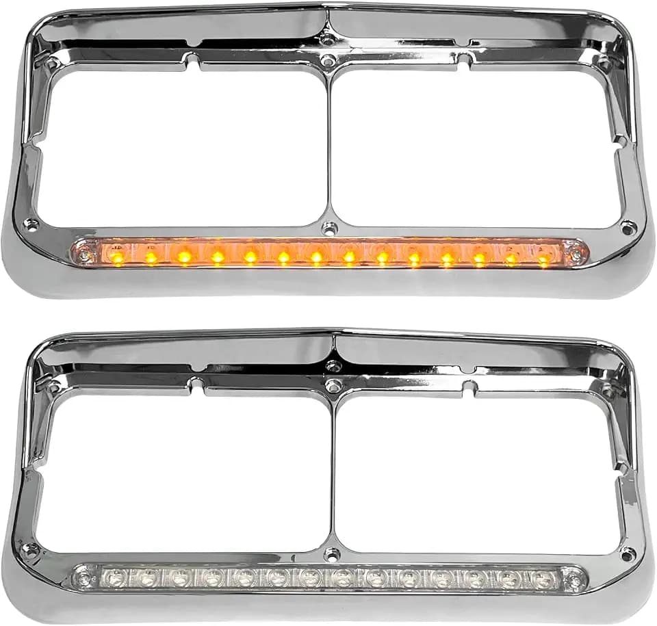 Grandroad auto Headlight Bezels Chrome w/Visor 12" LED Light Strip Replacement for 4x6 Lights Kenworth T400 T600 T800 W900B W900L Peterbilt 378 379 Western Star 4900 Freightliner, White Light