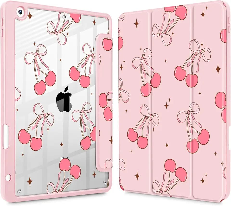 May Chen for iPad 9th Generation with Pencil Holder, iPad 8th/7th Gen Case 10.2-inch, [Penceil Holder] Trifold Stand Auto Wake/Sleep Clear TPU Protection Back Cover, Pink Cherry Bow