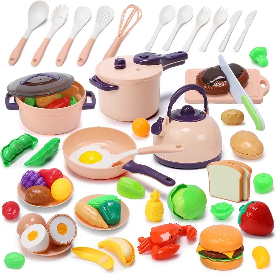 CUTE STONE 51-teiliges Küchenset für Kinder, mit Kochzubehör, Schneideobst und Gemüse, pädagogisches Spielzeug für Mädchen und Jungen