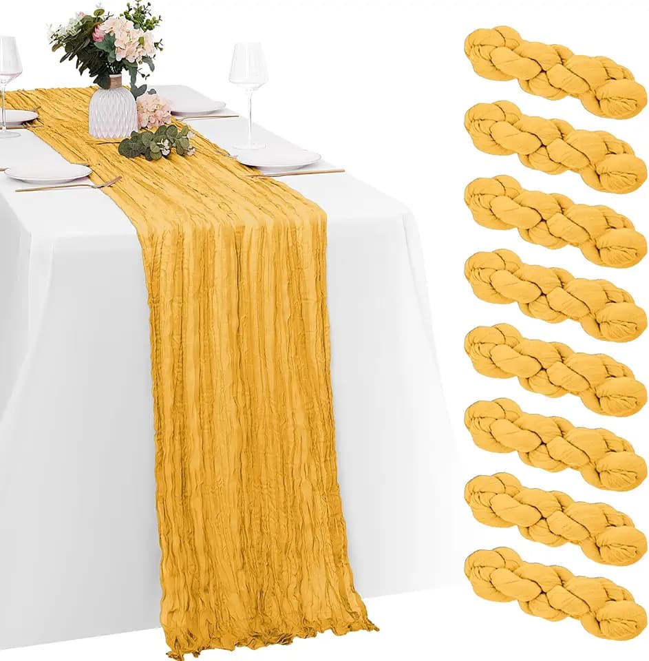 8 Pack Gold Cheesecloth Table Runners 20x120 Inch Gauze Table Runner 10FT Easter Cheese Cloth Table Runner Rustic Sheer Runner for Wedding Baby Shower Birthday Party Table Decor