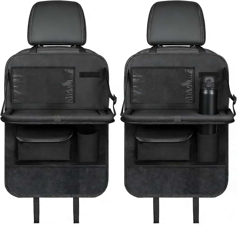 Auto Organizer Kinder - 2 Stück mit Klapptisch, 10 Taschen & Touchscreen-Tabletfach, Wasserdichter Rücksitz Organizer, Rückenlehnen Utensilientaschen (Abnehmbar, Schwarz)