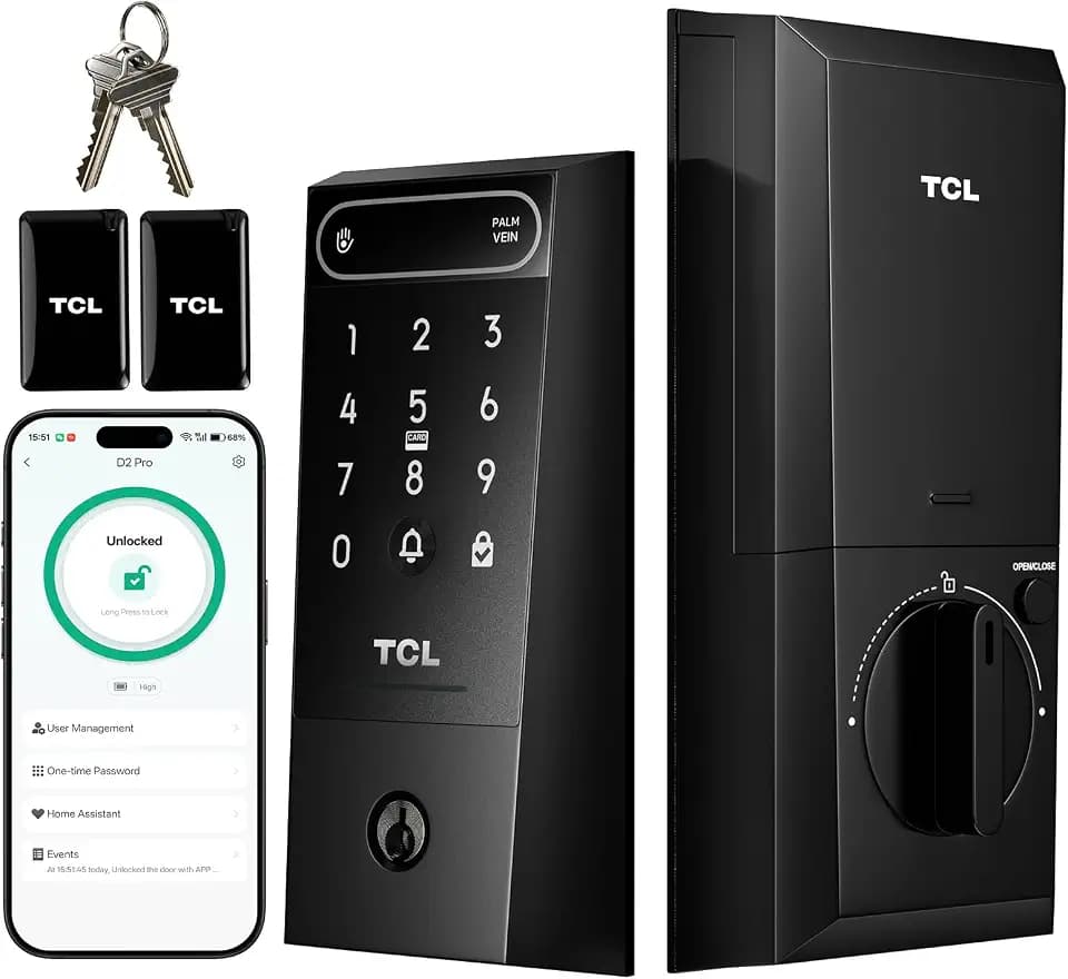 TCL D2 Pro Smart Lock with Palm Vein Recognition, 10000mAh Rechargeable Battery & Wi-Fi, Keyless Entry Door Lock, IP55 Weatherproof, Built-in Doorbell, Auto Lock, Compatible with Alexa, Black