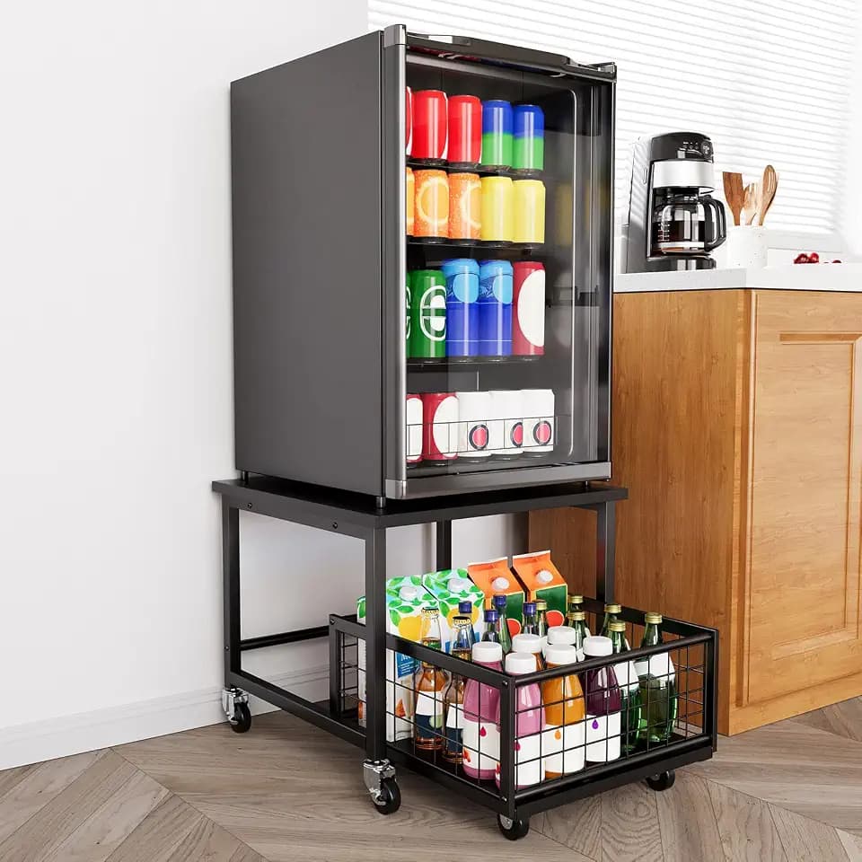 SpaceAid Mini Fridge Stand with Storage, 19.7" W x 19.7" D Heavy Duty Mobile Refrigerator Shelf Stand Table with Wheels, Fridge Cart Organizer with Drawer Basket for Home Dorm Office (Black)