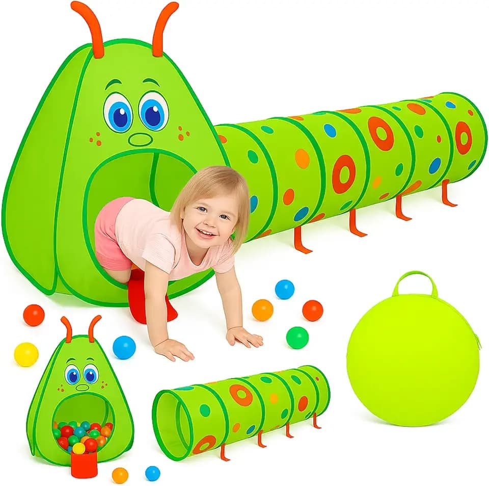Kiddey Caterpillar Kids Play Tunnel & Tent – Toddler Crawl Tunnel + Play Tent, Pop-Up Indoor/Outdoor Ball Pit Playset (Balls Not Included), Folds Flat for Storage