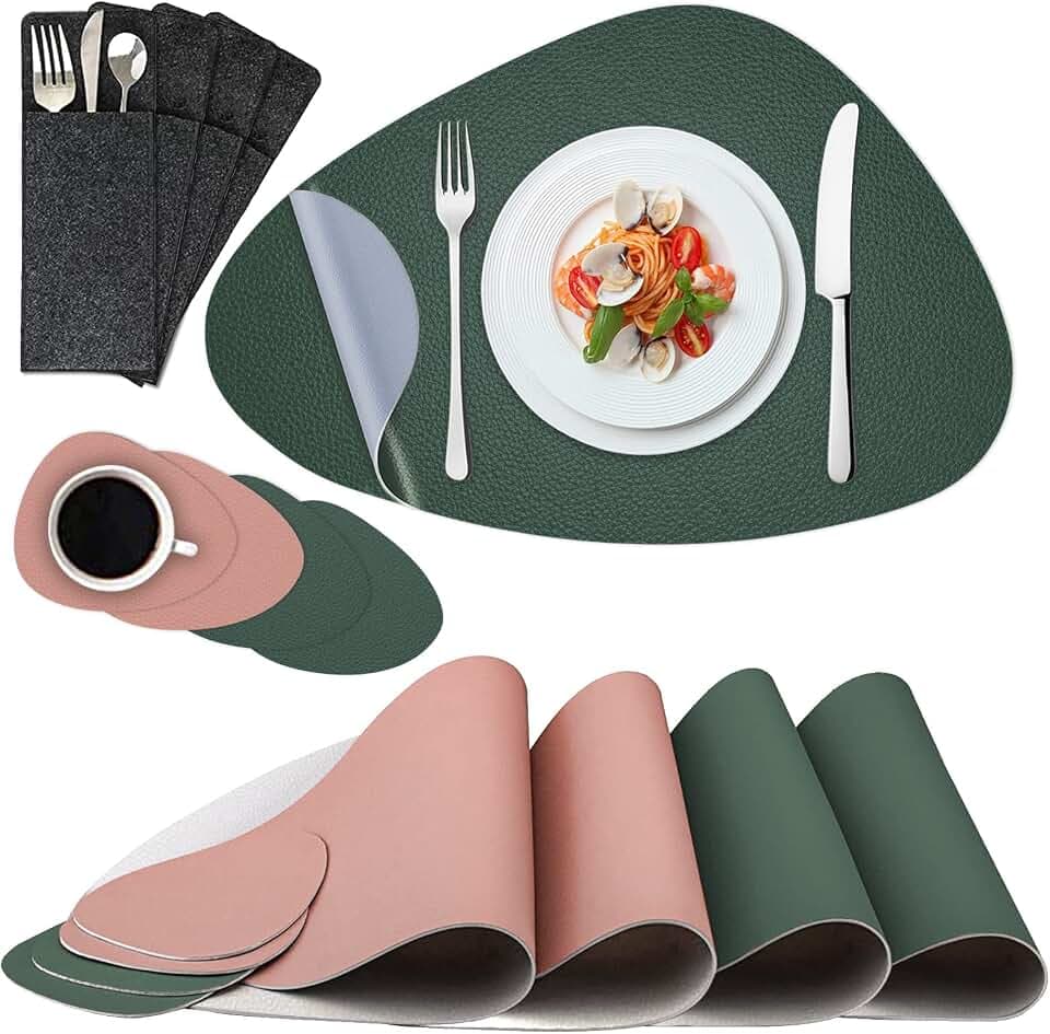 Tischsets Untersetzer und Bestecksäcken, Tischsets Abwaschbar 12er Set, Doppelseitigen rutschfest Platzdeckchen PU-Leder Kunstleder Platzset Lederoptik Tischset