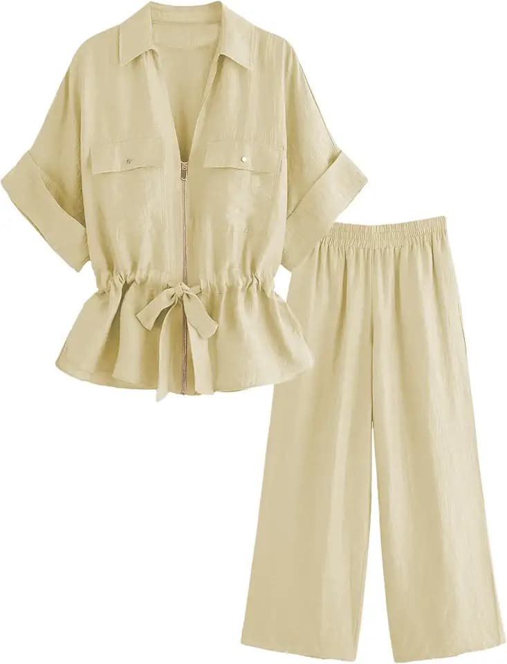 Mingzhu Women's 2 Piece Linen Outfits Summer Lounge Set With Pockets