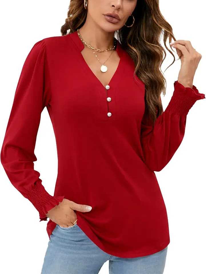 Rapbin Womens V Neck Puff Long Sleeve Button Down Tunic Blouses Fall Tops 2025 Ruffle Cuffs Dressy Casual T-Shirts