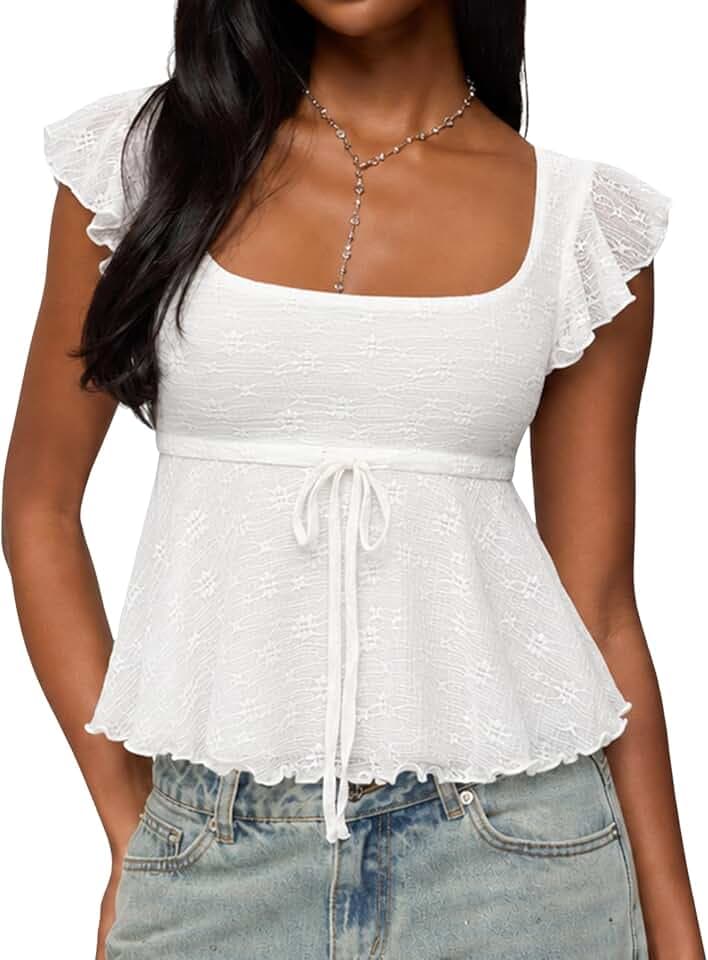 Women's Lace Babydoll Top Cute Cap Sleeve Flowy Tank Top