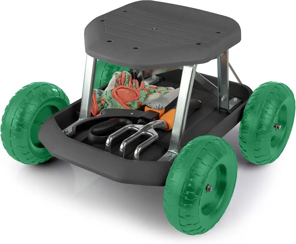 Pure Garden Rolling Garden Seat with Wheels and Tool Tray, Black/Green