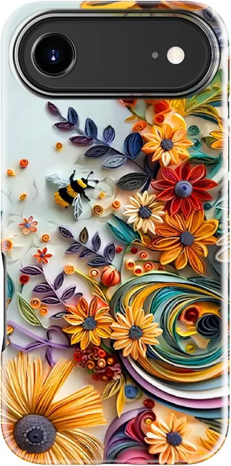 for iPhone Air Case Cute - Wireless Charging Compatible - Dual-Layer Hard Shell + Silicone Cover - Shockproof Protective Phone Case for iPhone 17 Air - Flower and Bee