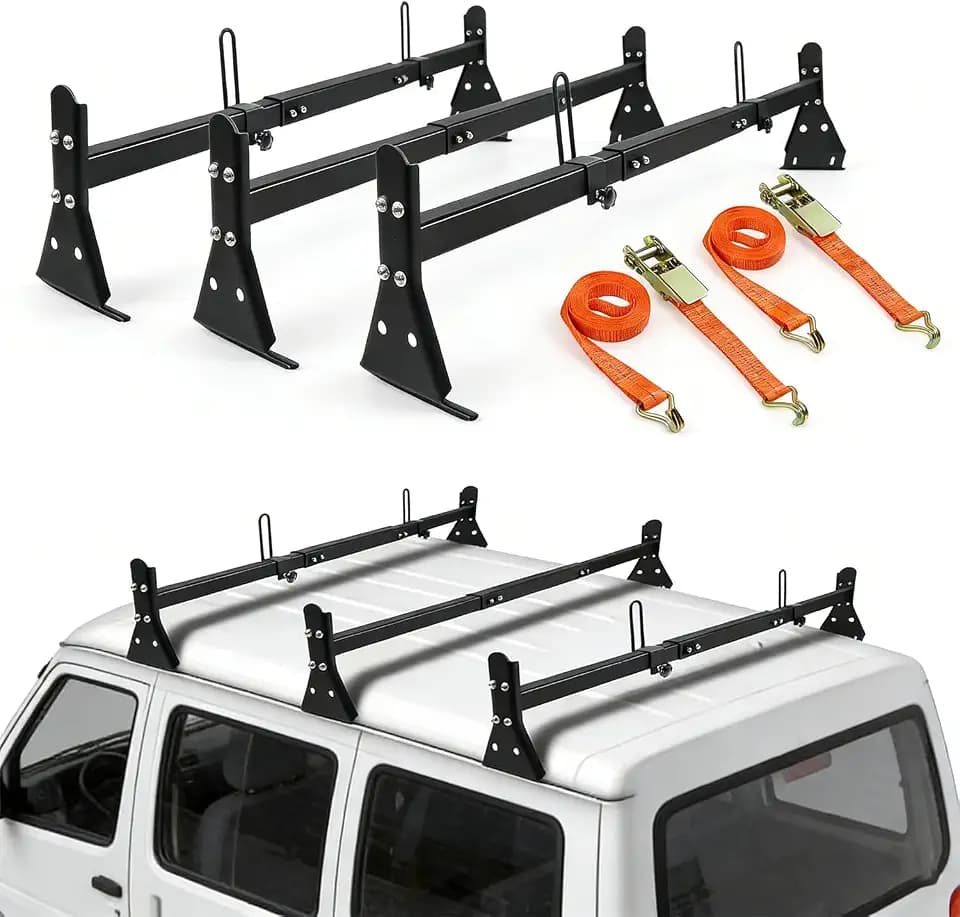 Adjustable 57-65 Roof Ladder Rack for Van, 3 Bar Set, 850 LBS Capacity, Black Steel, Fits Chevy Express 1500 2500 3500, for 1996-2026 Cargo Vans