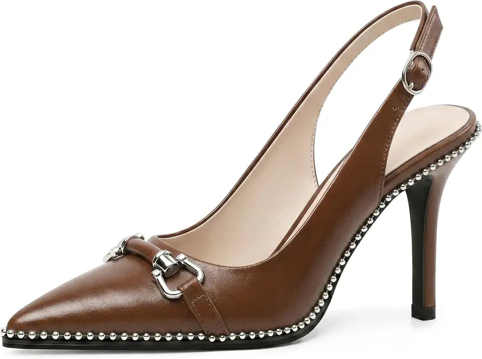 AUMOTED Women Beaded Pumps Slingback High Heel Stilettos Pointed Toe Shoes Slip On 3.5 Inch Ankle Strap Adjustable Patent Leather US Size 5-13