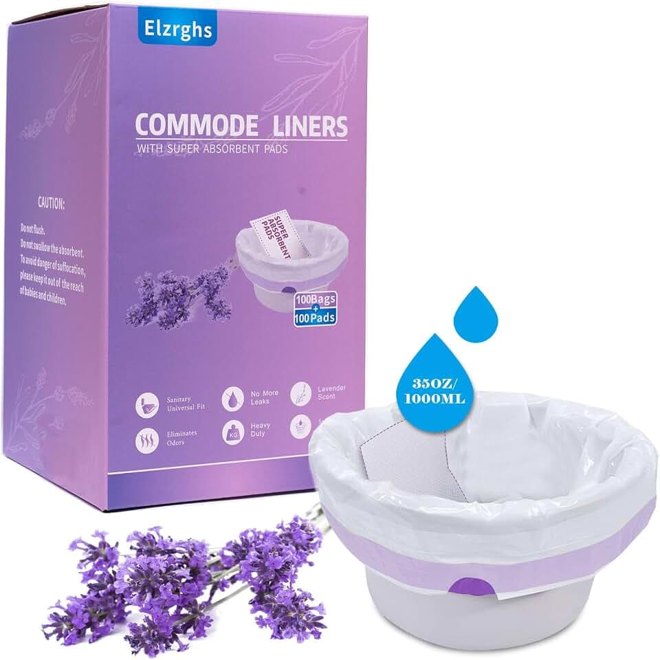 Elzrghs Commode Liners with Absorbent Pads for Bedside Commode, Commode Toilet,100 Lavender Scented Commode Bags Disposable and 100 Commode Pads