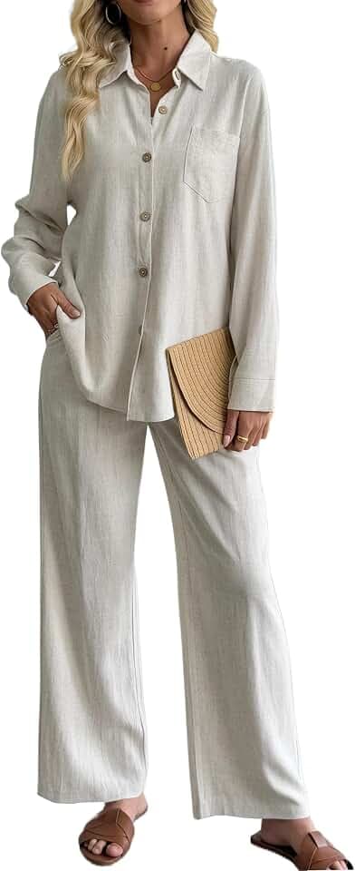 heipeiwa Women's 2 Piece Outfits Linen Long Sleeves Button Down Shirts Wide Leg Pants Sets Tracksuit Casual Vacation Clothes