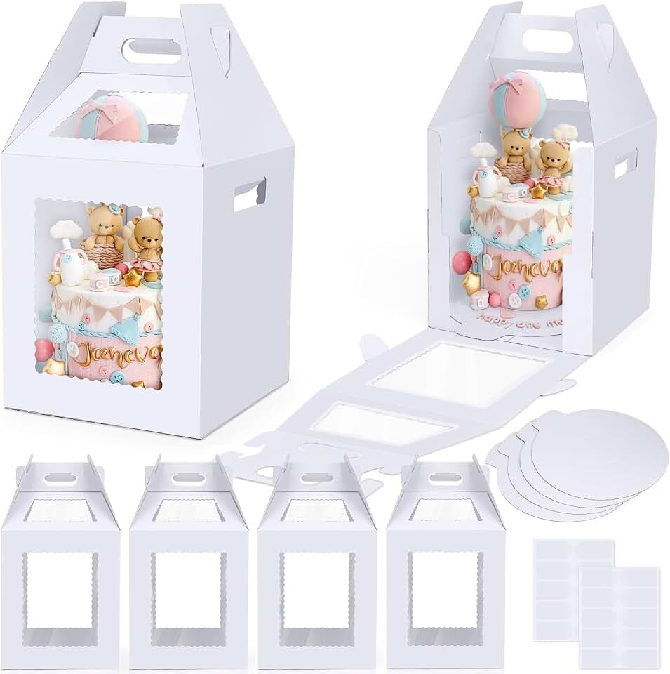 Tall Cake Boxes for Tier Cakes with Cake Boards 4 Pack 12x12x14 Inch Large Tiered Cake Carrier Containers with Window for Wedding Birthday Bakery