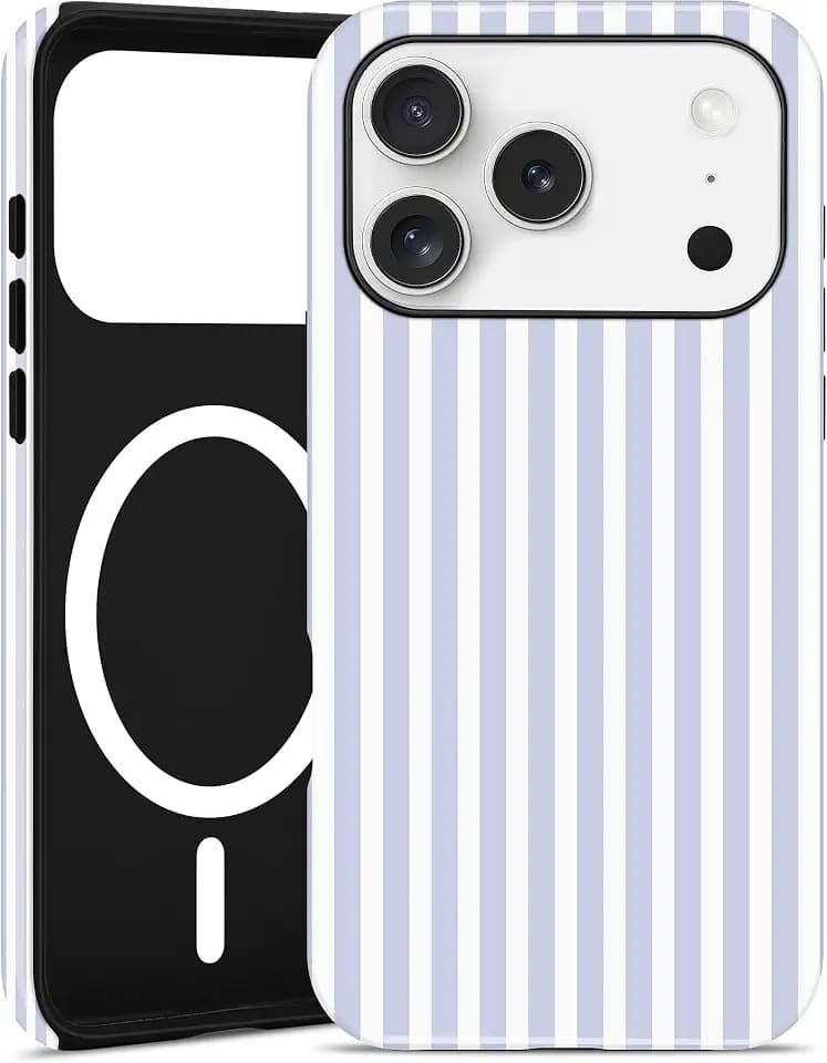 Magnetic Striped Case for iPhone 18 Pro/17 Pro, Blue and White