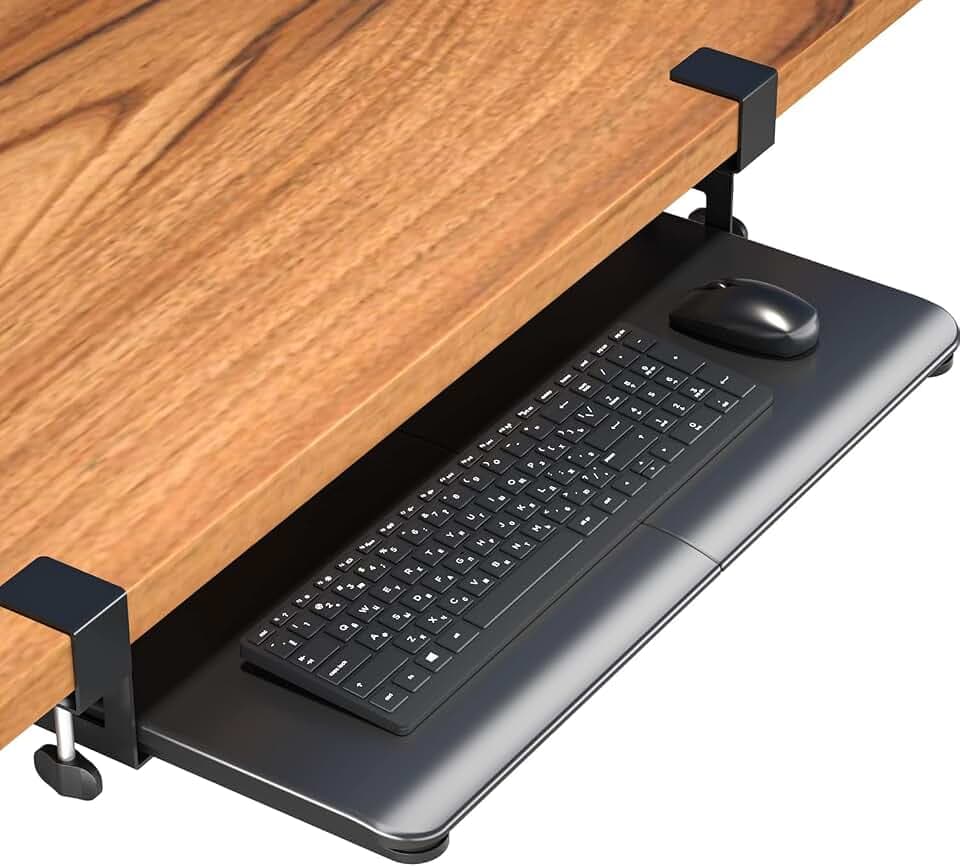 BONTEC Tastaturablage ausziehbar mit C-Klemme, 65x30cm, Schwarz