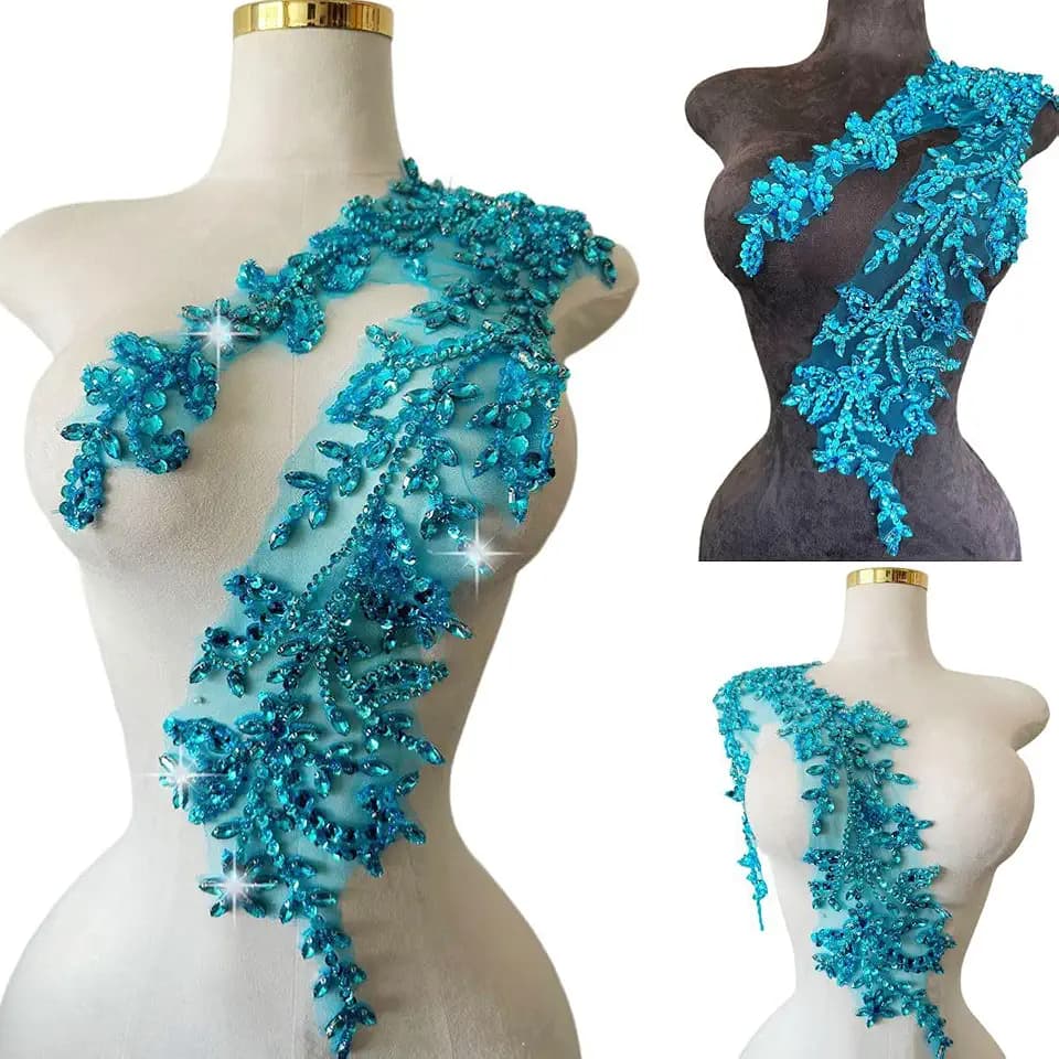 Handmade Shining Acrylic Rhinestones on lace Applique Sewing Beads Stones Trim Patches Accessories for Wedding Dress 4.3X 23.6inches (Sky Blue)