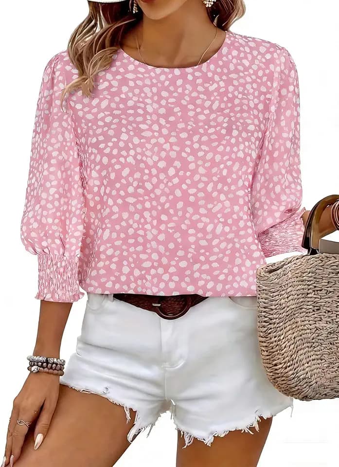 Halife Womens Blouses 3/4 Sleeve Dressy Casual Crew Neck Smocked Cuff Tops