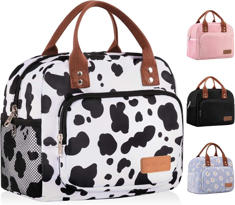 Lunch Bag for Women, Insulated Lunch Box for Women Men Work Adult, Cute Lunch Tote Large Capacity Reusable Cooler Containers for Picnic Travel Office or Beach (Cow)