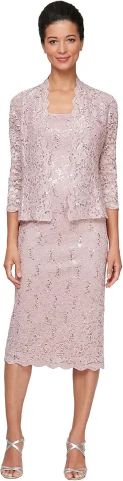 S.L. Fashions Women's Tea Length Sequin Lace Mother of The Bride Dress with Illusion Sleeve Jacket