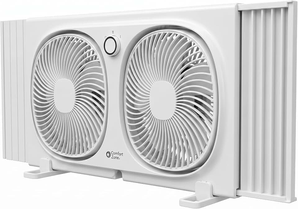 COMFORT ZONE Reversible Twin Window Fan with Rotating Heads and 2 Speeds