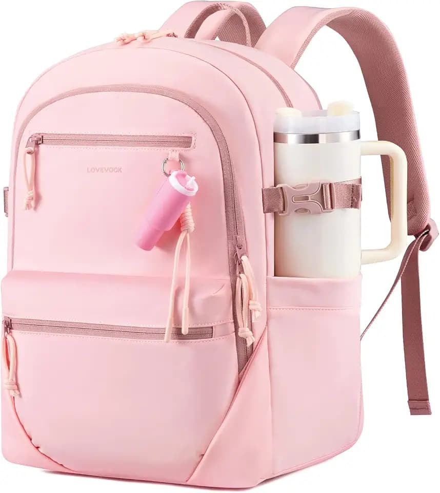LOVEVOOK Laptop Backpack with Cute Pendant, 15.6 Inch Travel Work Backpack Computer Laptop Bag with Large Cup Holder,Waterproof Nurse Teacher College Carry on Backpack Purse,Gifts for Women & Men,Pink