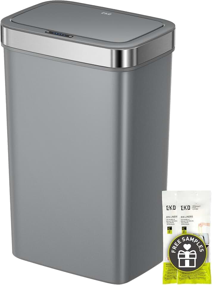 EKO Hana Deluxe 50L Mülleimer mit Sensor, Automatischer Mülleimer Küche, rechteckiger Bewegungssensor Abfalleimer, Soft Closing Deckel, fingerabdruckfrei, elektrischer Mülleimer, Grau, Kunststoff
