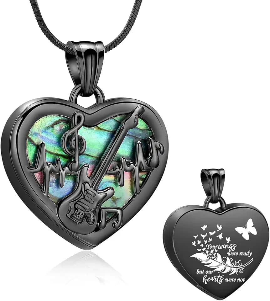 Minicremation Heart Guitar Cremation Pendant Necklace for Ashes Stainless Steel Music Guitar Pick Cremation Keepsake Memorial Urn Necklace