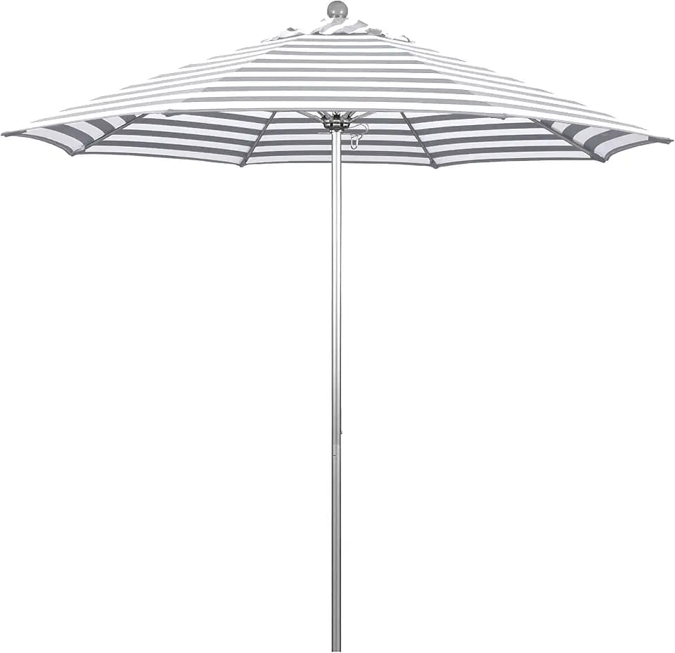 California Umbrella 9' Round Aluminum/Fiberglass Umbrella, Push Open, Silver Pole, Olefin Fabric, Gray White Cabana Stripe