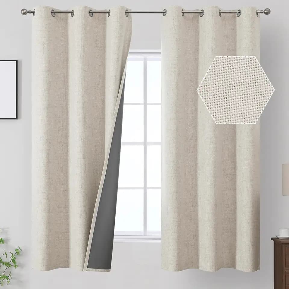 Cream 100% Blackout Linen Curtains for Bedroom 40Wx63L Inch Long 2 Panels
