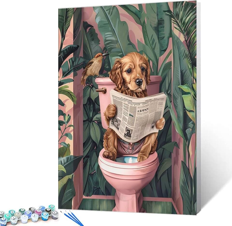 Tucocoo Malen nach Zahlen, Motiv: Welpe auf Toilette, 40 x 50 cm, Leinwand, DIY-Ölgemälde für Erwachsene, mit Pinseln und Acrylpigment, niedlicher Hund, tropische Pflanze, Badezimmerbild für
