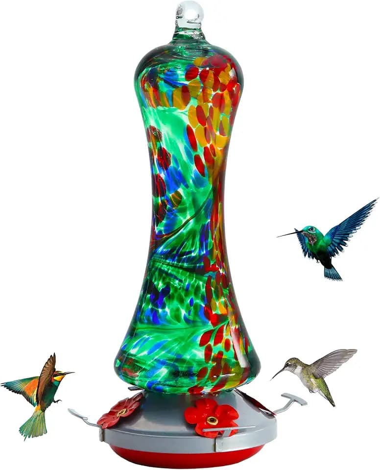 Glass Hummingbird Feeder for Outdoors: Leak Proof Hanging Hummingbirds Present for Women - Ant Moat & Hang Hook Included, Metal Base with 4 Feeding Ports & Perch, 20 Fluid Oz, Best Garden Decor