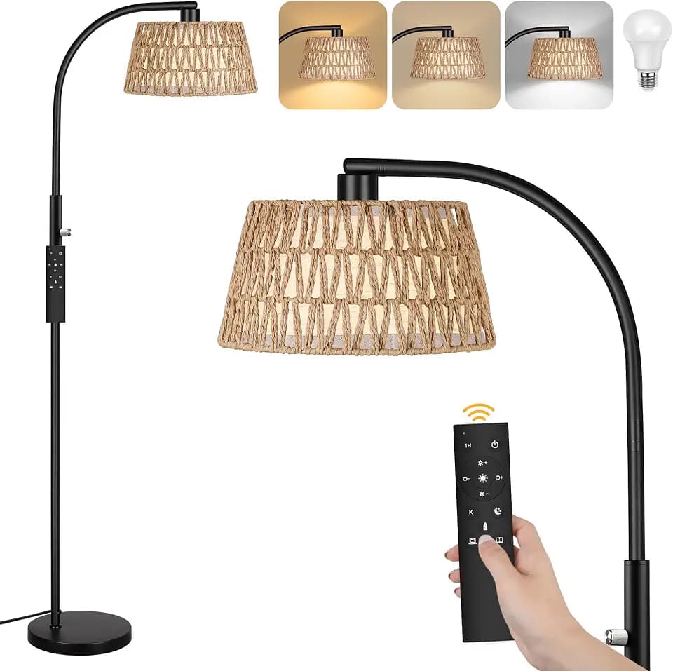 ROTTOGOON Bogen Rattan Stehlampe für Wohnzimmer 3 Farbtemperaturen Dimmbare 9W LED mit Fernbedienung Boho Landhausstil Stehleuchte für Schlafzimmer Büro Schwarz