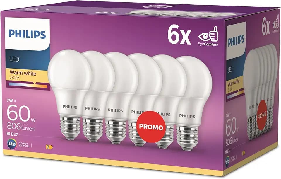 PHILIPS LED Classic E27 Lampen, 6er-Pack, 60W, Warmweiß, Energiesparend, Neue Generation