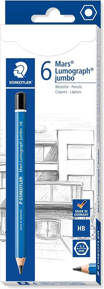 STAEDTLER 100J-HB Jumbo-Bleistifte Mars Lumograph jumbo, Sechskantform, hohe Bruchfestigkeit, hohe Qualität Made in Germany, Härtegrad HB, 6 Stifte in Kartonfaltschachtel