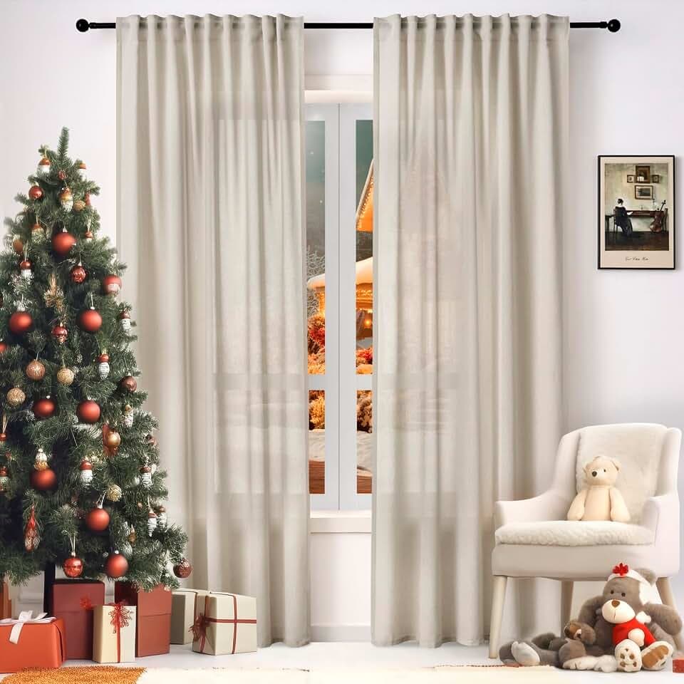 WOLTU halbtransparenter Vorhang mit Kräuselband Leinenoptik 135x175cm Sand | 2er Set, Gardineschal für Wohnzimmer Schlafzimmer, moderne Stores mit weichem Licht, Länge 175 cm