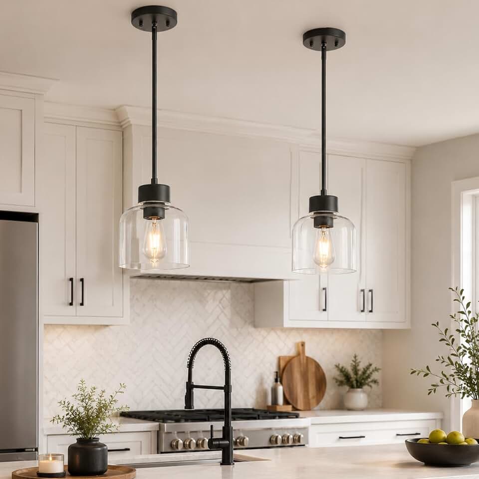 2-Pack 7" Pendant Lights Kitchen Island, Matte Black, Clear Glass