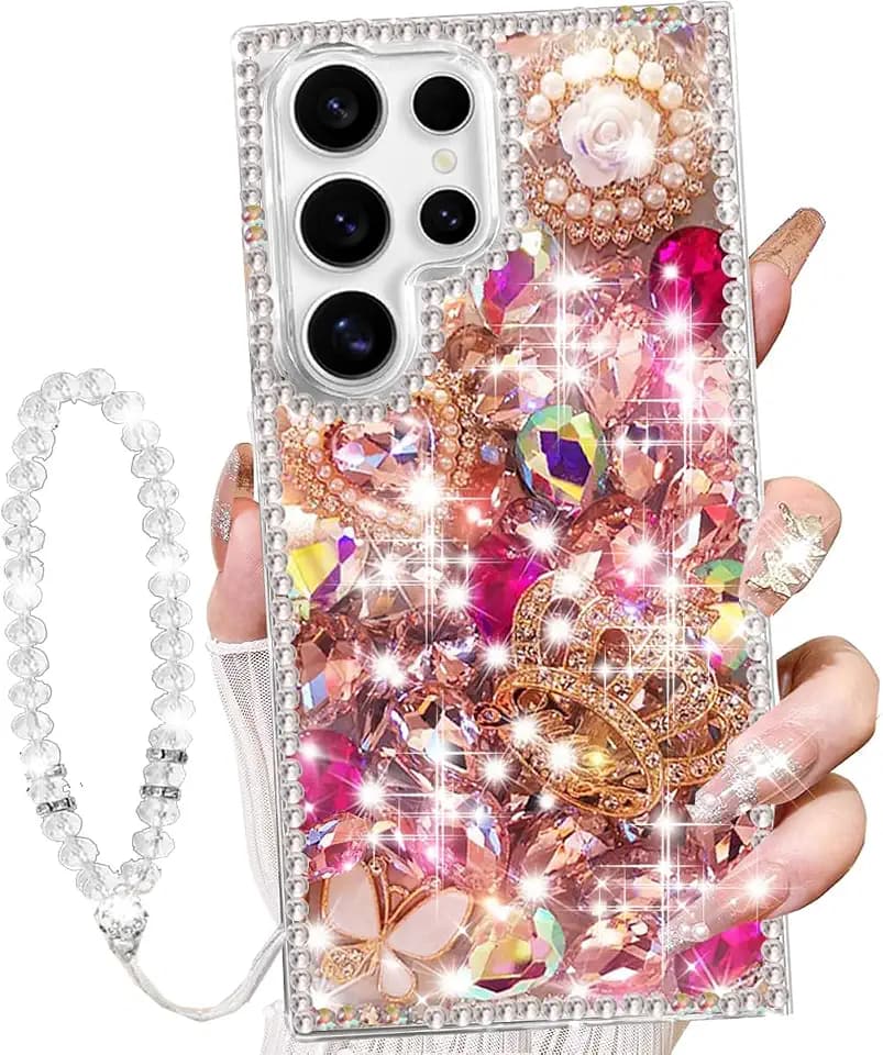 Changjia for Samsung Galaxy S26 Ultra Glitter Bling Case with Strap,HotPink