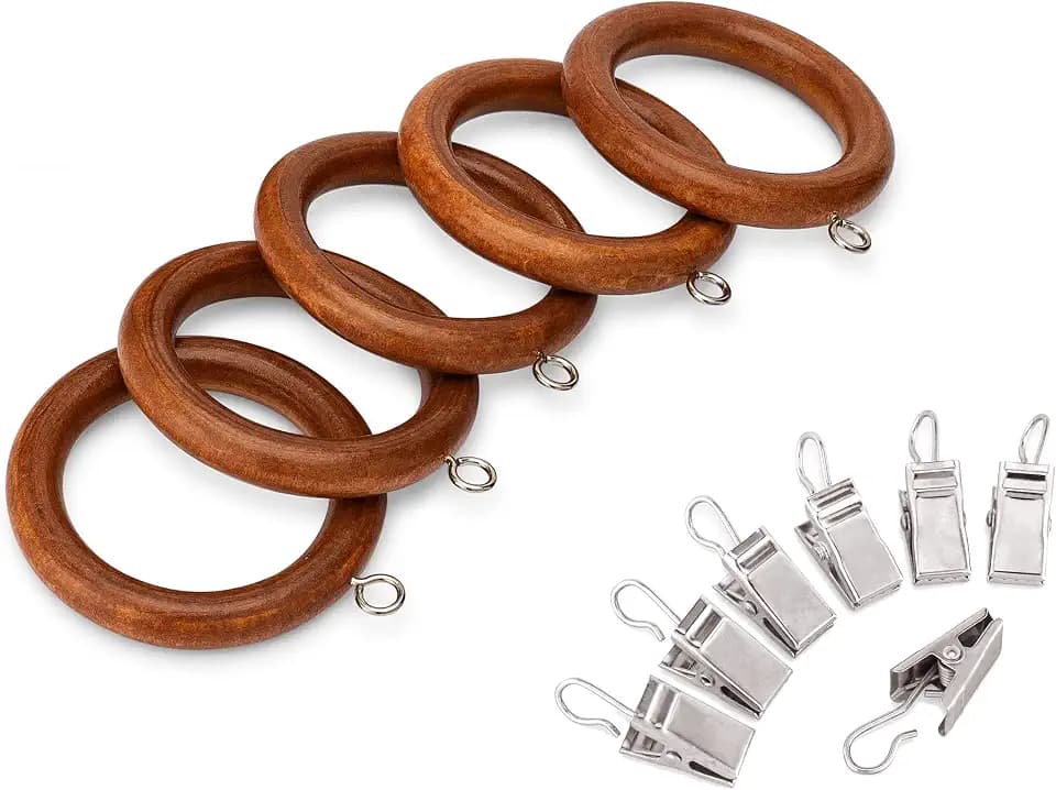 Wood Curtain Rings with Clips 2.25 Inch, Set of 12, Brown Varnished Finish