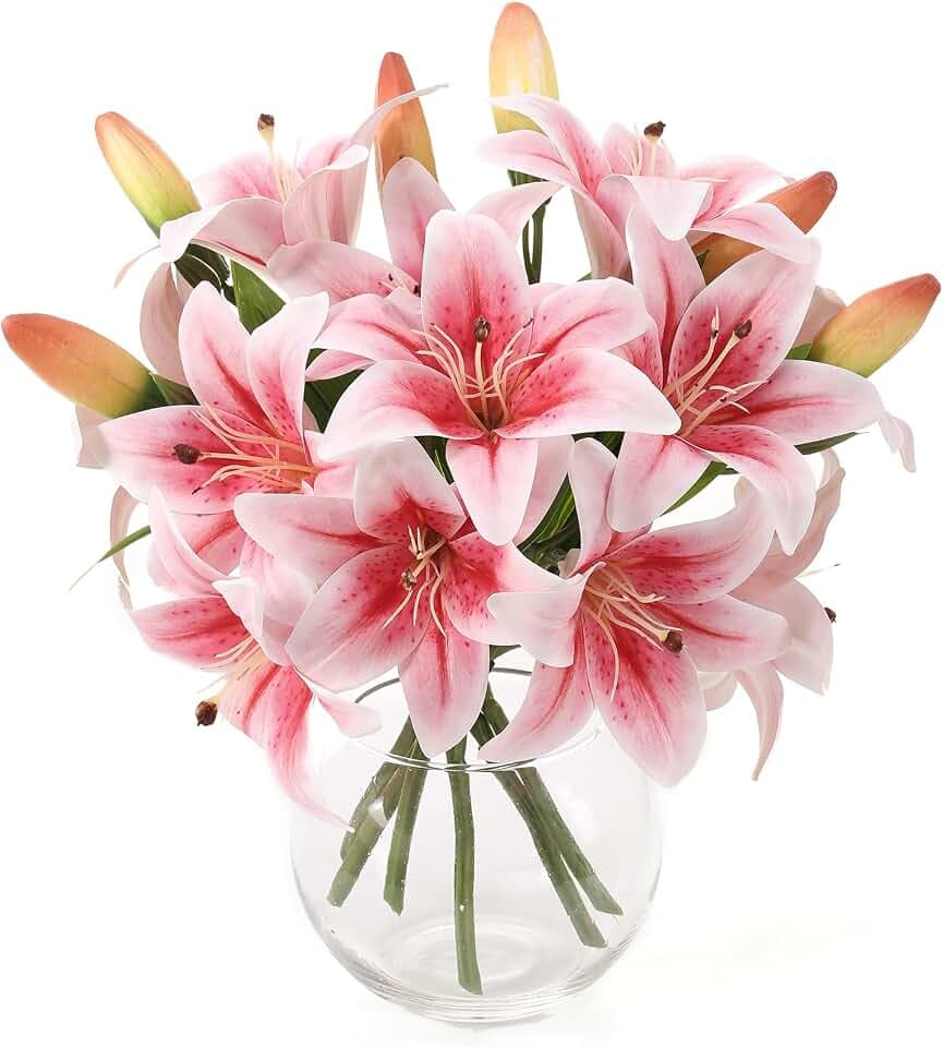 6-teiliges künstliches Lilien-Set – 12 Blüten & 6 Knospen künstliche Blumen | Hochzeit/Haus/Büro Dekor, DIY, Grab | Künstliche Blumen (rosa)