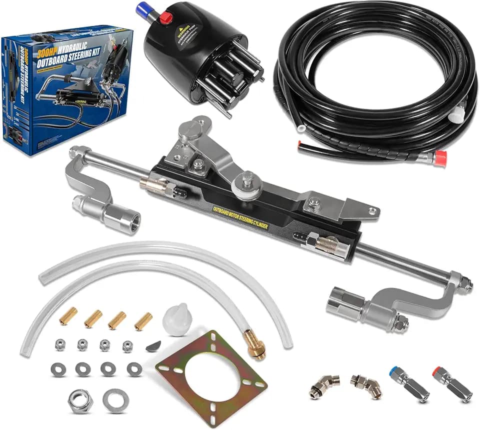300HP Boat Outboard Hydraulic Steering System Kit Fits for Yamaha/Suzuki/Honda/Mercury/Nissan/Tohatsu, Including Hydraulic Steering Cylinder, Helm Pump, Tubing and Cuttable Hose