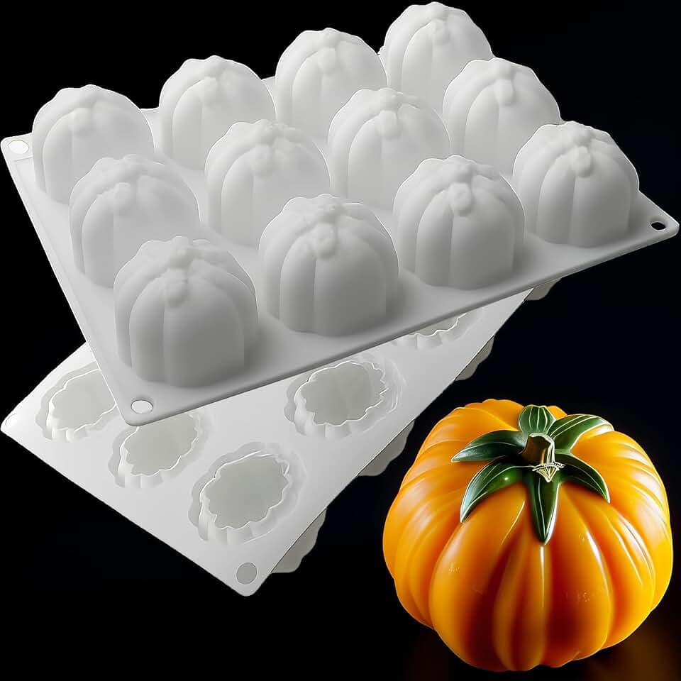 3D Pumpkin Silicone Molds Pumpkin Cake Mold12Cavities Halloween Thanksgiving Molds Baking 3D Autumn Harvest Theme Silicone Mould for Making Mousse Chocolates Cupcake Jelly Pastry Fondant Soap Candle