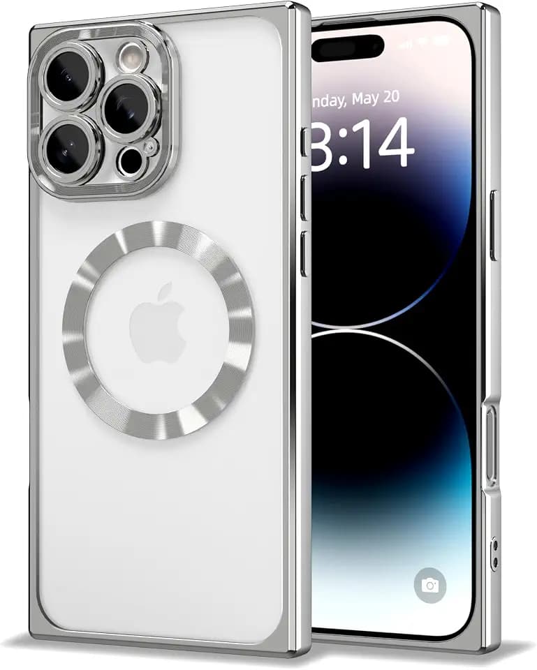 IAIYOXI Rectangle Magnetic Clear Case for iPhone 16 Pro, [Compatible with MagSafe],Soft Plating Phone Case with Full Camera Lens Protection,Anti-Scratch Shockproof Slim Cover, Silver