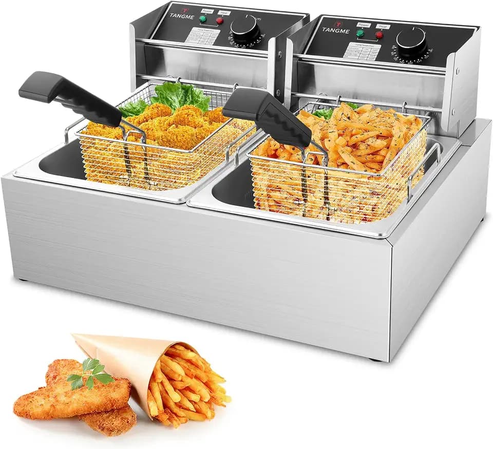 TANGME Kommerzielle Fritteuse, 5000W Elektrische Fritteuse mit 2x6L Körben 0,8mm Edelstahl Doppelter Tank Fritteuse Maschineh 20L Große Kapazität mit Temperaturbegrenzer