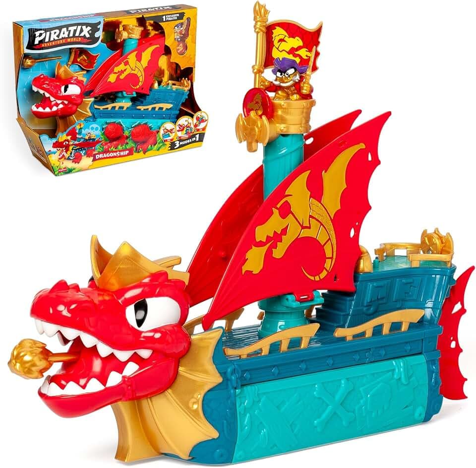 PIRATIX Dragon Ship – Drachenschiff aus Pyratix, 3-in-1: Erde, Meer und Luft. Enthält 1 Drachenschiff, 1 exklusiver Piratix, 1 exklusiver Schatz, 1 Flagge und 1 Projektil
