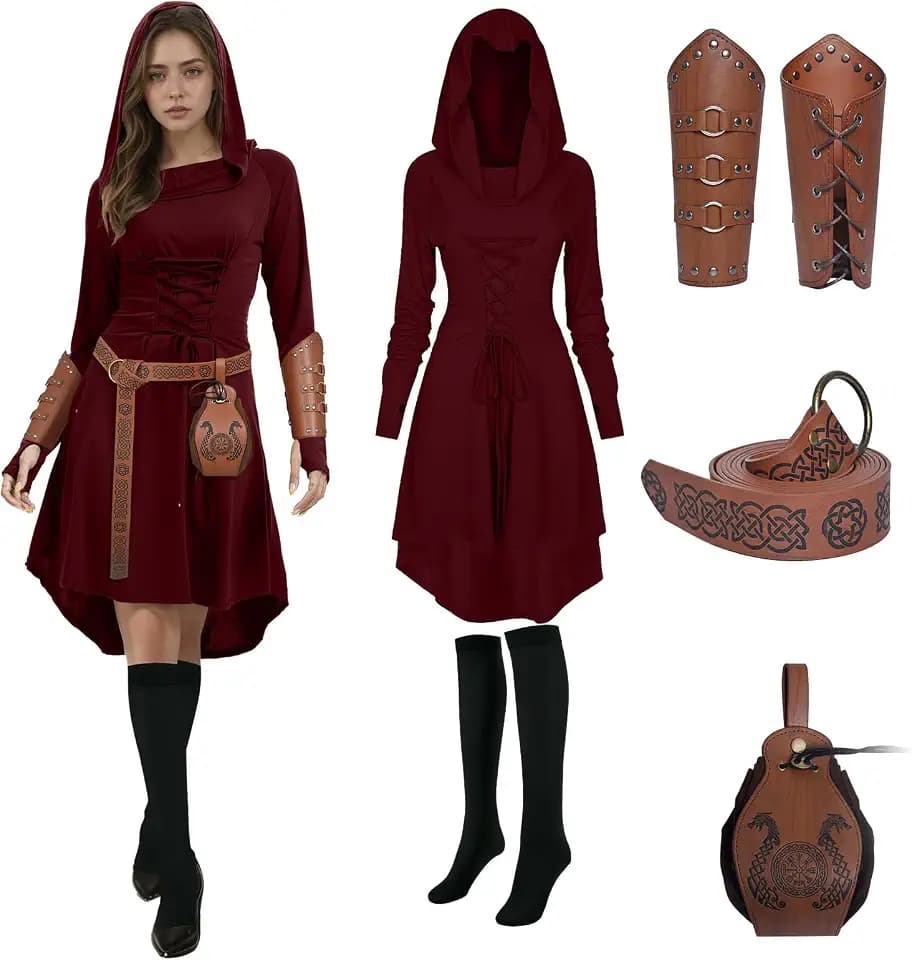 5 Pcs Renaissance Women Costume Medieval Hooded Dress