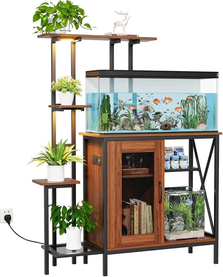 20-29 Gallon Fish Tank Stand with Plant Shelf, 2-in-1 Walnut Aquarium Stand