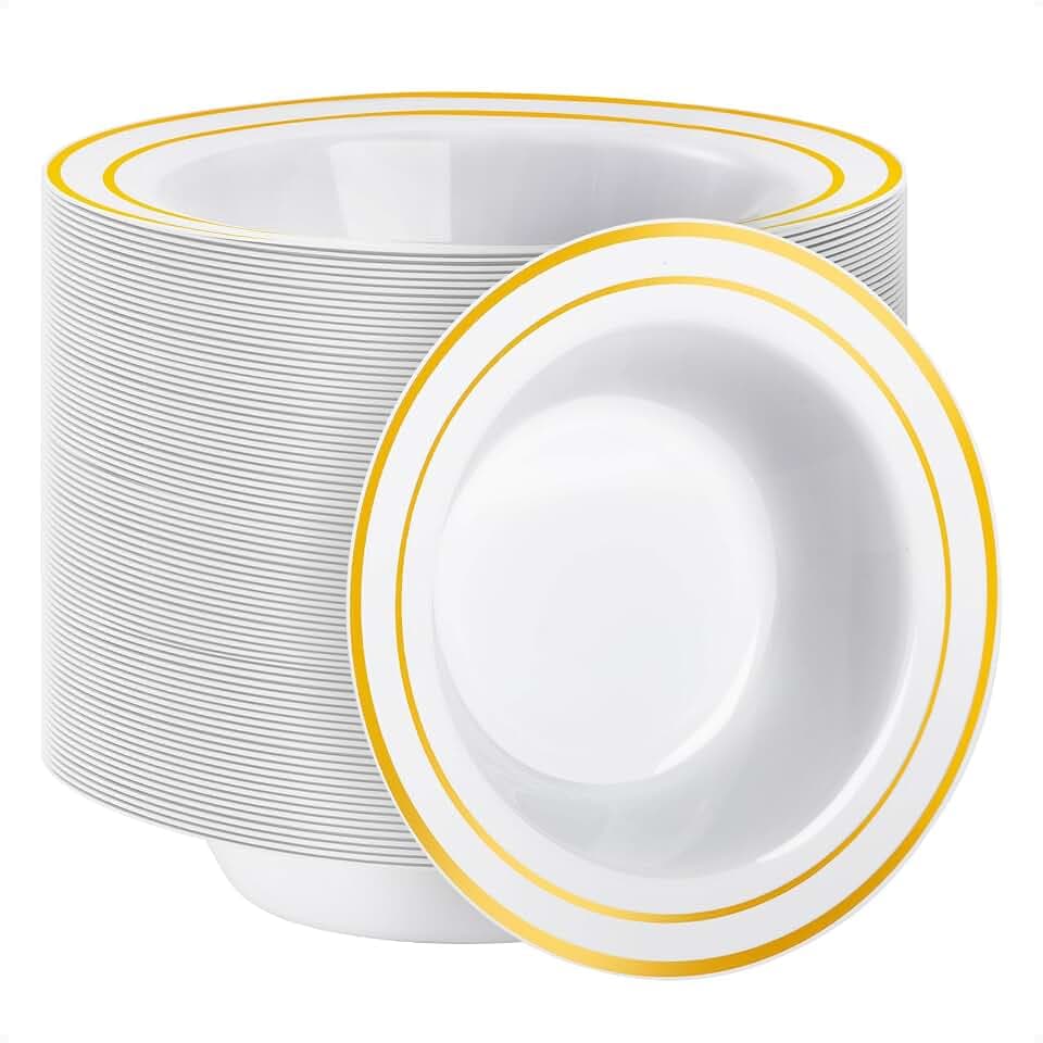 Goodluck 100 Pack Plastic Bowls with Gold Rim