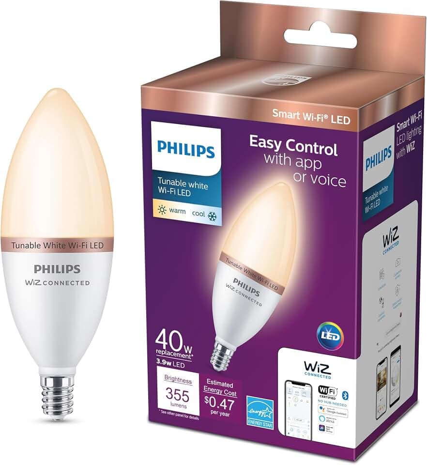 PHILIPS Smart 40-Watt Equivalent B12 LED Smart Wi-Fi Tuneable White Light Bulb Powered by WiZ with Bluetooth (1-Pack)